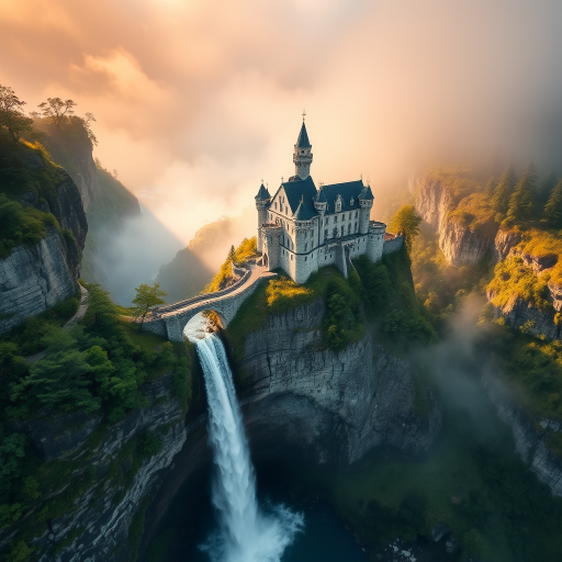 aerial view of a majestic castle perched on a cliff above a waterfall, surrounded by lush greenery and dramatic cliffs, soft golden light filtering through the mist, captured with a full-frame DSLR camera at f/8, ISO 200, 1/250s, using a wide-angle lens for heightened detail and depth, vibrant colors and high dynamic range to enhance image quality