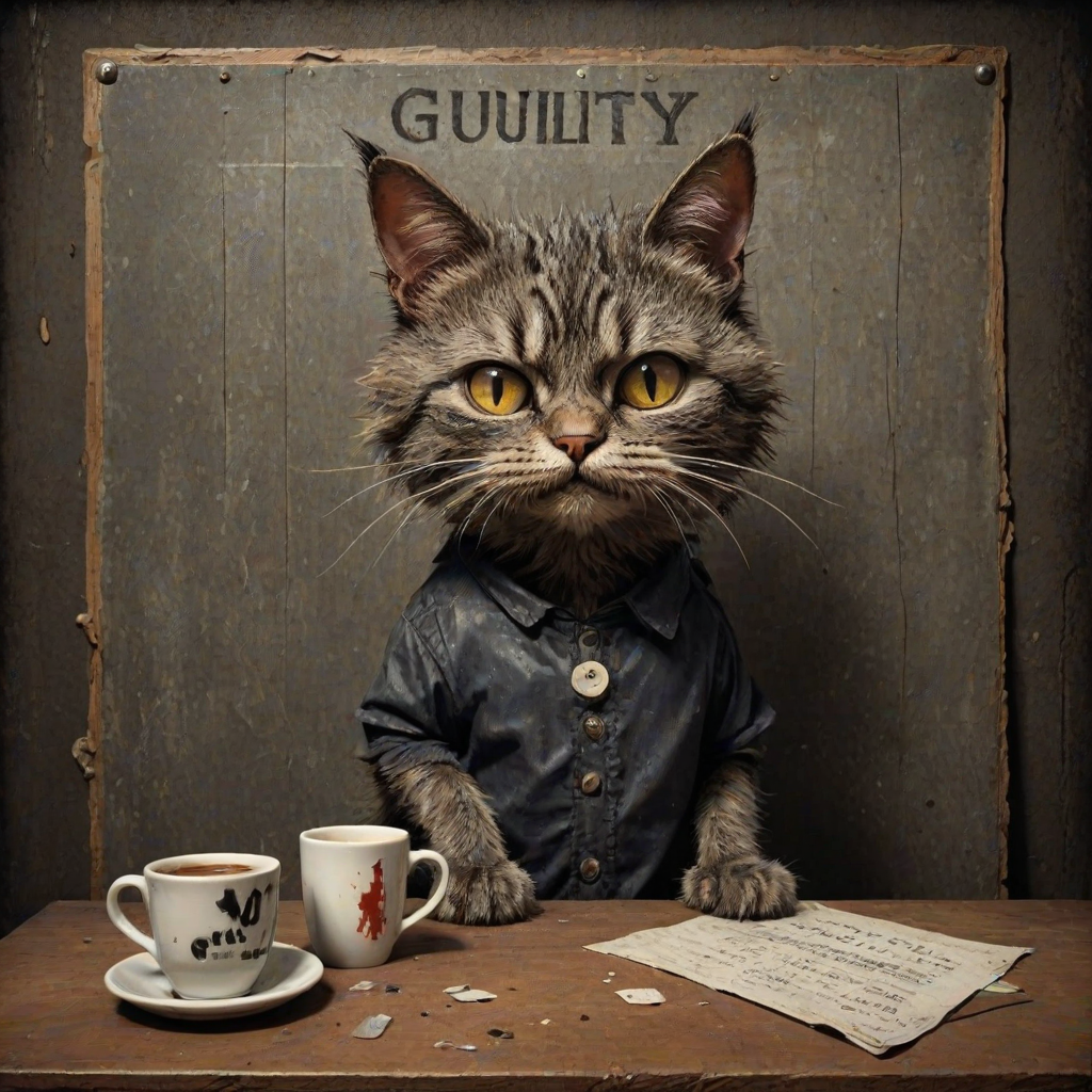 A comical cartoon-like scruffy cat, battered, dirty, with a mug shot and 'guilty' written on the board, in a whimsical and surreal art style with dark fantasy themes, dramatic lighting effects, minimalist and abstract touches, hyper-realistic details, textured backgrounds, vintage aesthetics, playful and exaggerated characters, gothic aesthetics, intricate designs, detailed patterns, and artistic composition