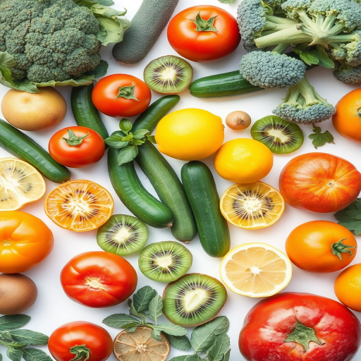 Create a high-resolution watercolor illustration of assorted vegetables and fruits including tomatoes, cucumbers, broccoli, oranges, lemons, kiwi, and more, captured in a top-down view with a Canon EOS R5, f/4 aperture, ISO 100, 50mm lens, soft natural lighting for vibrant colors and detail.