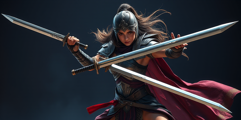 Create an action-packed scene featuring a warrior woman with swords, wearing elaborate armor and a flowing cape, shot with a 50mm lens at f/1.8, ISO 100, and a shutter speed of 1/200s, in a studio setting with dramatic lighting.