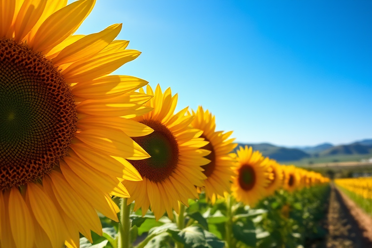 Close-up of a row of sunflowers in a field, their vibrant yellow petals glowing under the midday sun, with a bright blue sky overhead and distant rolling hills on the horizon.