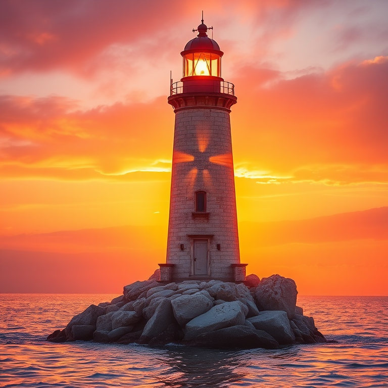 Generate an image of a tall lighthouse perched on a rocky outcrop surrounded by calm ocean waters during a breathtaking sunset. The lighthouse stands sturdy and weathered, its stone surface illuminated by the warm golden light of the setting sun. The sun's rays pass directly through the glass lantern room at the top of the lighthouse, casting a brilliant light across the scene. The sky is painted with vibrant shades of orange, pink, and purple, reflecting off the tranquil sea. The surrounding water shimmers with the same warm hues, creating a serene and majestic atmosphere.