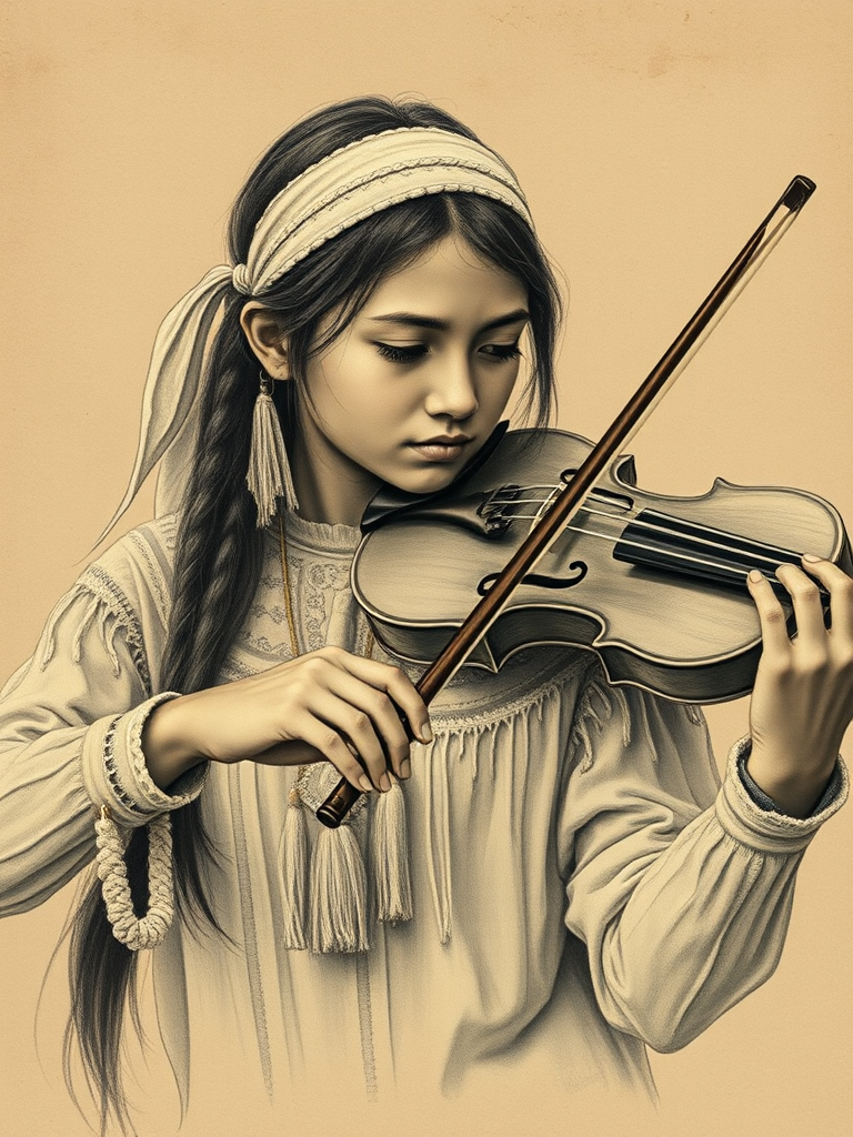 a young First Nations woman with a white headband playing a violin, in the style of a charcoal drawing, sepia grunge background