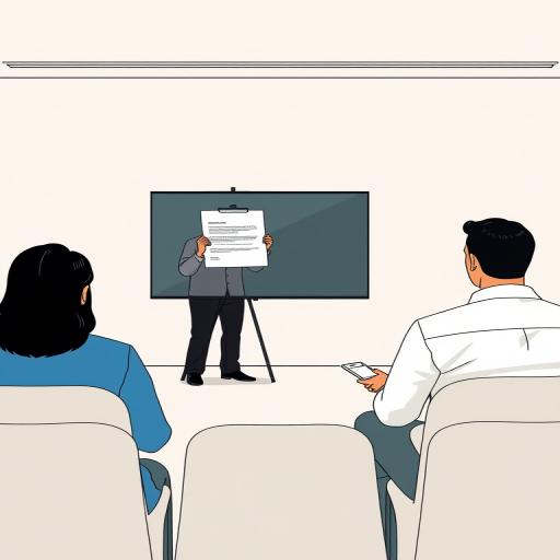 A minimalist illustration of a presenter displaying a document to an audience with four figures seated, captured with a Canon EOS R5, 35mm lens, f/4 aperture, ISO 100, natural lighting, focus on the presenter, 4K resolution for clarity.