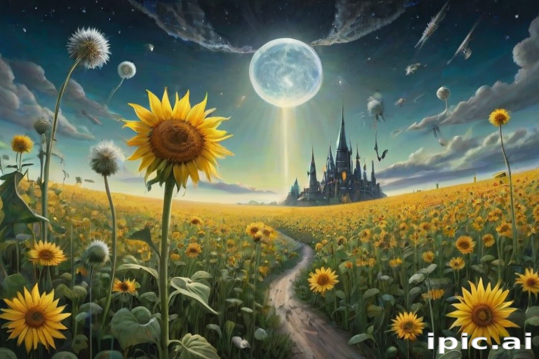 A surreal allegory featuring ethereal fairies, towering sunflowers, and an enigmatic witch, all set within a dreamlike landscape. The scene is dominated by a colossal dandelion, its delicate seeds floating through the air, reminiscent of Yves Tanguy's abstract forms. The environment is a blend of otherworldly elements and natural beauty, with twisted, elongated shapes and surreal colors that evoke a sense of mystery and enchantment.