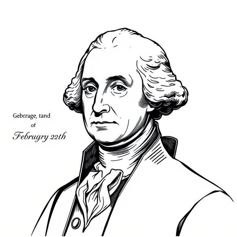 Create a detailed line drawing portrait of George Washington with the text "George Washington February 22nd" alongside, using a DSLR camera with a 50mm lens, f/2.8 aperture, ISO 100, and natural lighting for soft shadows and enhanced detail.