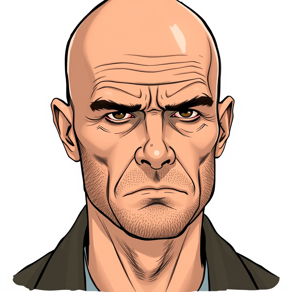 Create a detailed illustration of a bald man with a serious expression, using a DSLR camera with a 50mm lens, aperture f/1.8, ISO 100, in soft natural lighting, with a focus on sharp facial features and minimal background distraction.