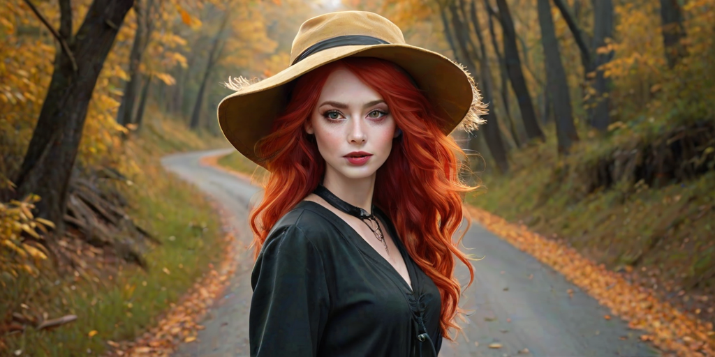 digital art fantasy depicting a strange girl with red hair, long eyelashes, Yellow lipstick and a tall hat walking along a winding road on an autumn afternoon, an Bongo smiles as she passes
