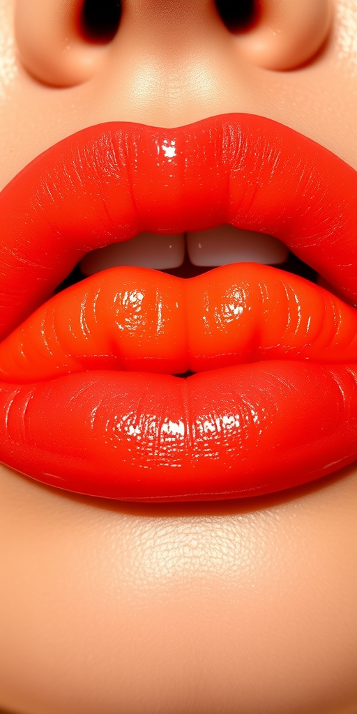 Vibrant coral sunset lips with a glossy finish, featuring "Tropical Breeze" style, showcasing a bold ombre effect and subtle golden shimmer for a radiant, sun-kissed appearance