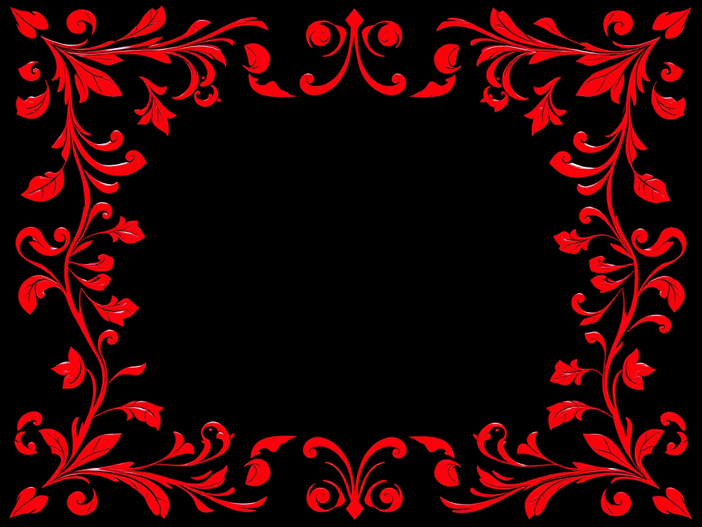 Create a vibrant image of an intricate red decorative border with flowing leaf patterns on a black background, captured with a DSLR camera, using a 50mm lens, f/2.8 aperture, ISO 100, and soft lighting for enhanced detail and contrast.