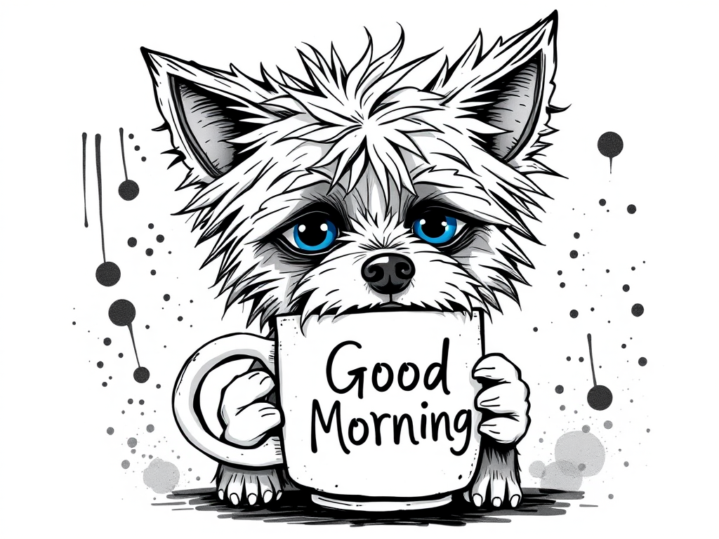 A quirky, artistic illustration of a disheveled chinaranian dog breed with exaggerated, large eyes and spiky fur, holding a coffee mug that reads "Good Morning". The dog has a tired but humorous expression, with ink splatters and abstract details surrounding it, giving a whimsical feel to the image. The color palette is mostly monochrome with hints of blue in the eyes and steam rising from the mug, enhancing the overall sleepy vibe