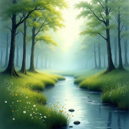 A peaceful, misty forest scene with a gently flowing stream at the center, reflecting the soft, cool light of the early morning. Lush green grass and wildflowers border the stream. Trees with thin trunks stand tall in the background, fading into a misty, hazy atmosphere, in a superfine watercolor style.