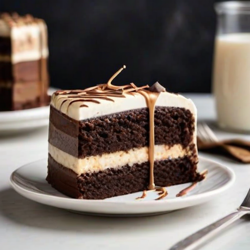 Create an image of a slice of layered chocolate and vanilla cake with a smooth frosting on top. The cake should have visible layers of rich chocolate filling and be decorated with a decorative pattern on the frosting. Place the slice on a white plate with a gold fork beside it, and include a blurred background of a modern kitchen setting.