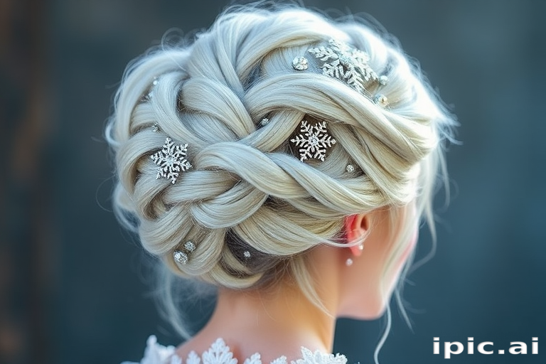 Frosty Winter Princess Chignon displaying icy platinum blonde hair with subtle blue undertones styled into an elegant twisted updo adorned with sparkling crystal snowflake accessories