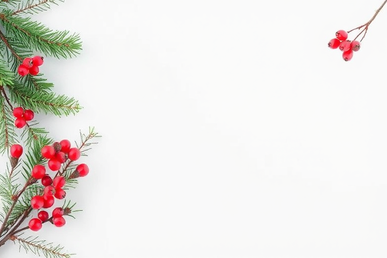 Generate an image of a winter-themed background with evergreen branches and red berries. The composition should feature a light, neutral background, with the greenery and berries positioned in one corner to create a festive atmosphere.