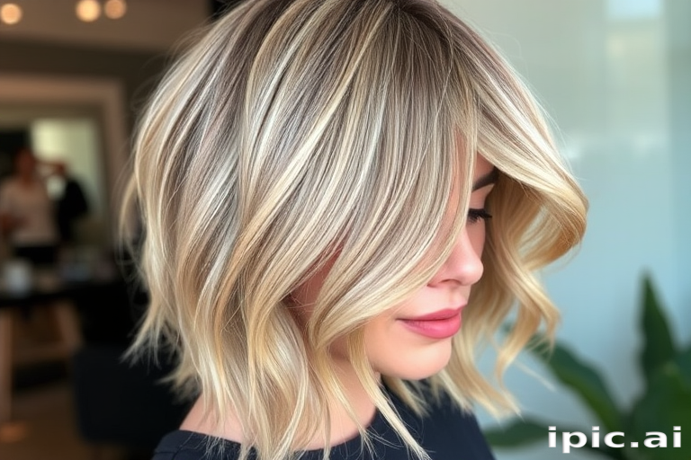 Sophisticated shoulder-length lob in ash blonde, styled with soft waves and babylights, creating a perfect balance of dimension and movement