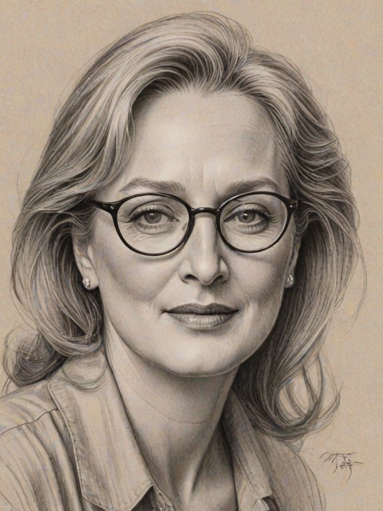 Magnificent Meryl Streep, pencil sketch, portrait of Bewitching woman 1921s in glasses, hair style beatnik, outline, clear lines, fine lines, 8k