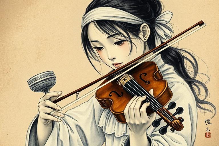 a young Ainu woman with a white headband playing a violin, in the style of a charcoal drawing, sepia grunge background