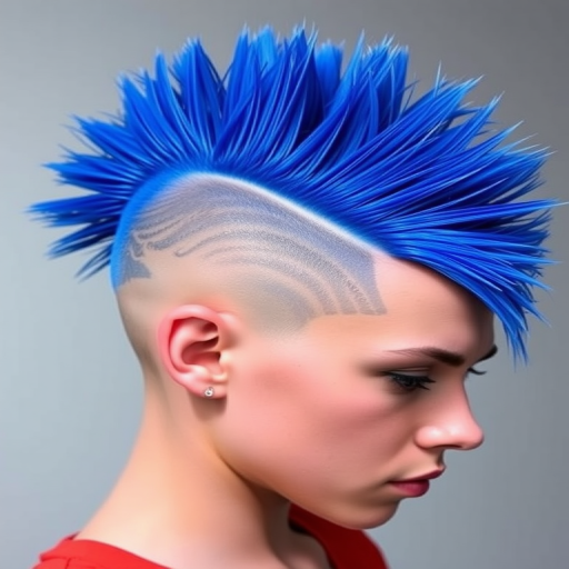 Striking electric blue mohawk titled "Neon Rebel" with shaved sides and a textured, spiky top, incorporating subtle metallic accents for extra dimension