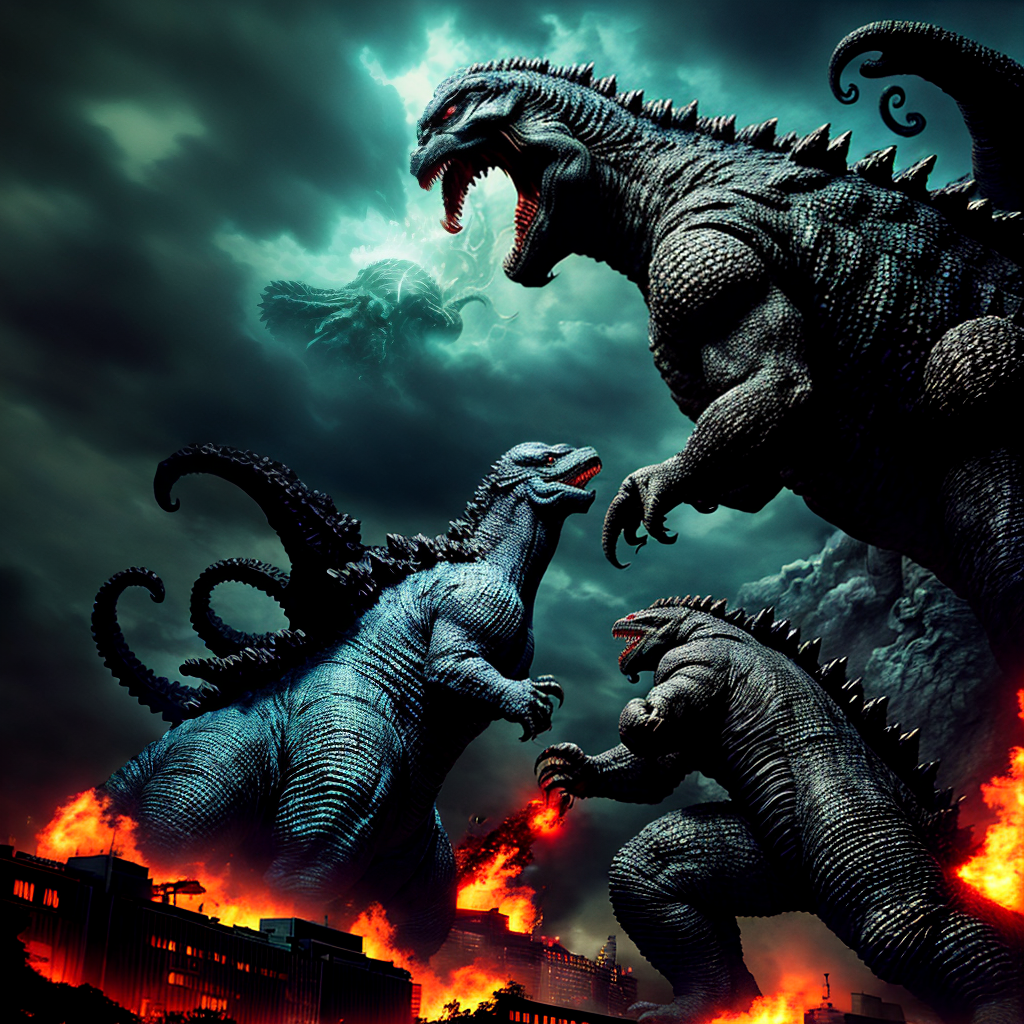 Free Ai Image Generator Godzilla fighting against the Great Cthulhu in ...