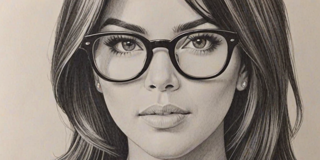 Superb Kourtney Kardashian, pencil sketch, portrait of Appealing woman 1961s in glasses, hair style beatnik, outline, clear lines, fine lines, 8k