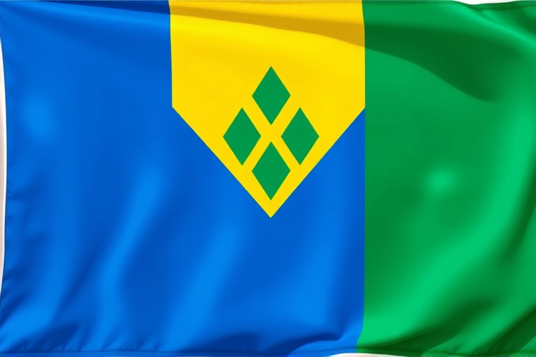 Create a high-resolution image of the flag of Saint Vincent and the Grenadines featuring a blue vertical stripe on the left, a yellow central field with three green diamonds arranged in a V formation, and a green vertical stripe on the right, captured with a DSLR camera at f/8, ISO 100, 1/200 sec, in a landscape orientation with natural lighting.