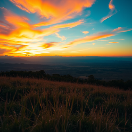 Create a high-resolution image of a serene landscape at sunset with vibrant colors, using a Canon EOS 5D Mark IV, 24mm lens, f/8 aperture, ISO 100, 1/125s shutter speed, shot from a low angle to capture the depth of the foreground and the richness of the sky.