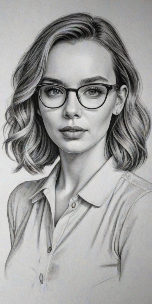 Captivating Jodie Comer, pencil sketch, portrait of Gorgeous woman 1929s in glasses, hair style beatnik, outline, clear lines, fine lines, 8k