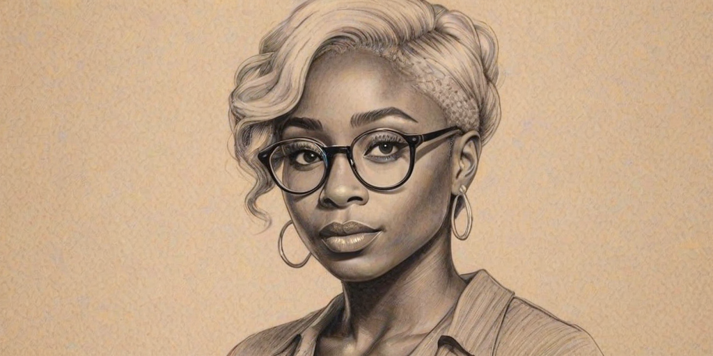 Lovely Cynthia Erivo, pencil sketch, portrait of Resplendent woman 1927s in glasses, hair style beatnik, outline, clear lines, fine lines, 8k