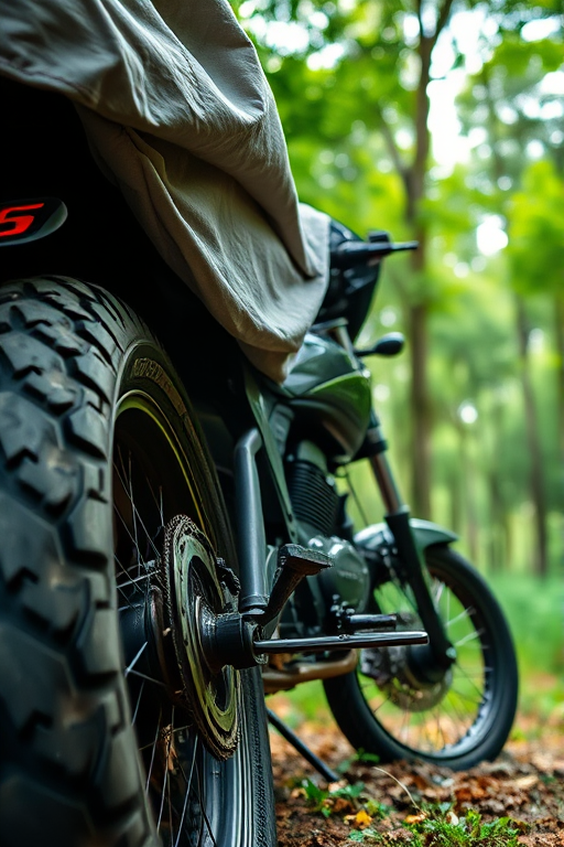 regenerate the image of a motorcycle partially covered with a tarp in a lush forest background, focus on the details of the bike and the greenery, settings: ISO 200, aperture f/4, shutter speed 1/250s, view from a low angle to emphasize the tire and frame, using a DSLR camera with a 50mm lens for sharpness and depth of field effect