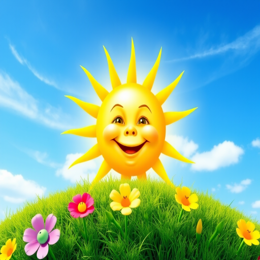 Create an image shows a bright, sun with a smiling baby's face in the center, radiating soft yellow rays. The sun is set against a clear blue sky with a few wispy clouds. Below, there's a lush green grassy hill with colorful, oversized flowers, giving the scene a whimsical, playful atmosphere.