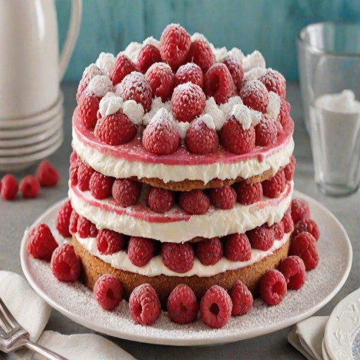Create an image of a layered cake filled with fresh raspberries and creamy frosting. The cake should have a vibrant berry topping and a slice cut out to showcase its moist interior. Surround the plate with scattered raspberries and a sprinkle of powdered sugar for decoration.