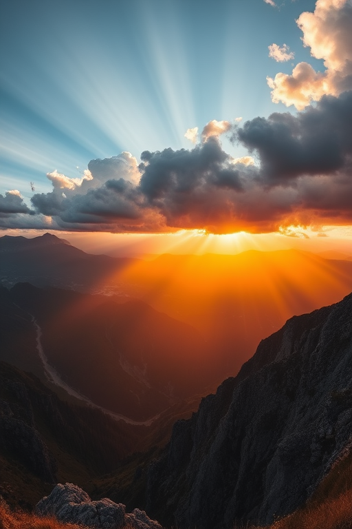 Capture a breathtaking panoramic view of a mountain landscape during sunset with dramatic clouds and rays of light streaming through, using a Canon EOS 5D Mark IV, 24mm lens, f/11 aperture, ISO 100, 1/200 sec exposure, and a wide-angle perspective to enhance depth and clarity.