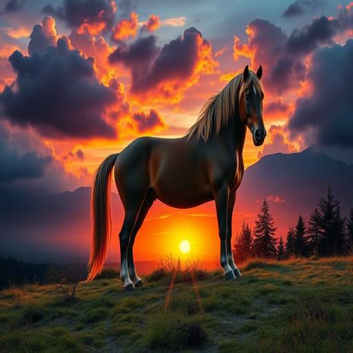 a majestic horse standing in a vibrant, mystical landscape with dramatic clouds and a colorful sunset illuminating the mountains and trees in the background