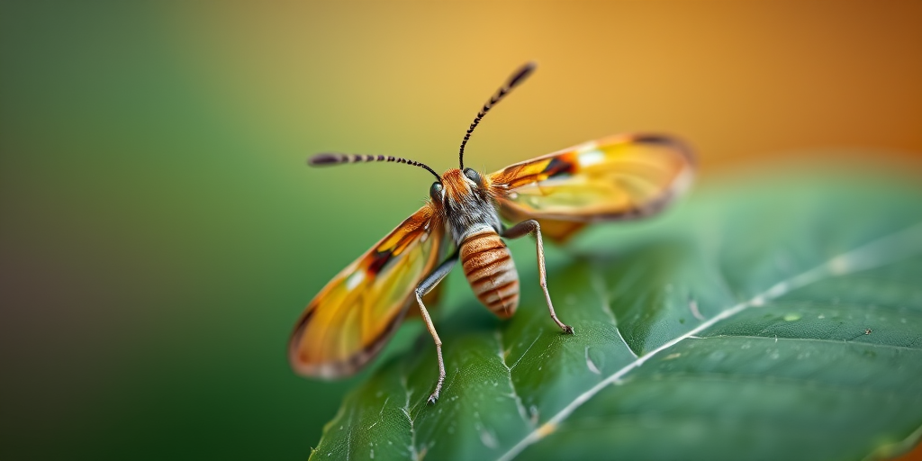 macro photograph of a moth perched on a green leaf with soft background blur, aperture f/2.8, shutter speed 1/250 sec, ISO 100, natural lighting, taken with a DSLR camera in a close-up view