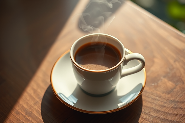 Create a high-resolution image of a steaming coffee cup on a saucer, shot in natural light with a 50mm lens at f/1.8, ISO 100, using a DSLR camera from a top-down view, focusing on the details of the steam and cup texture.