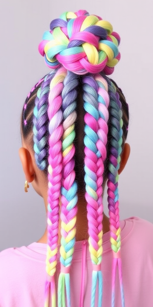 Playful multicolored braids named "Candyland Dreams" incorporate a variety of pastel hues woven into intricate cornrows and culminating in a high, voluminous ponytail