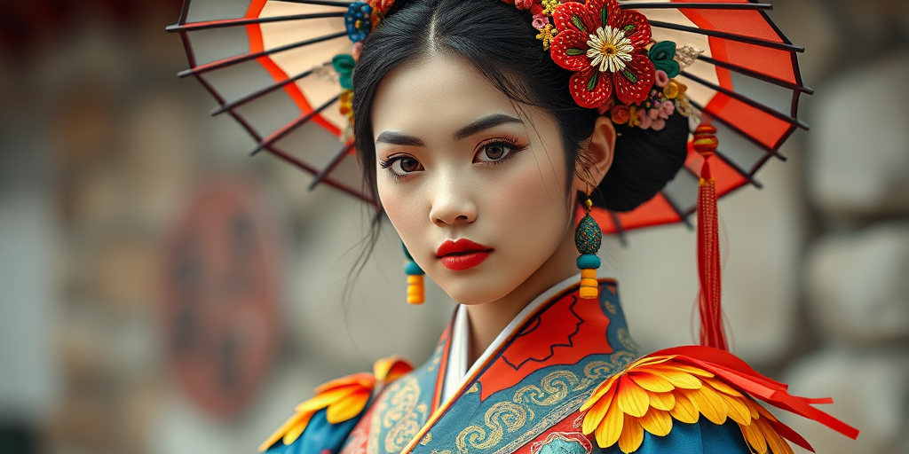 A beautiful Japanese girl, wearing colorful bird clothing with vibrant colors