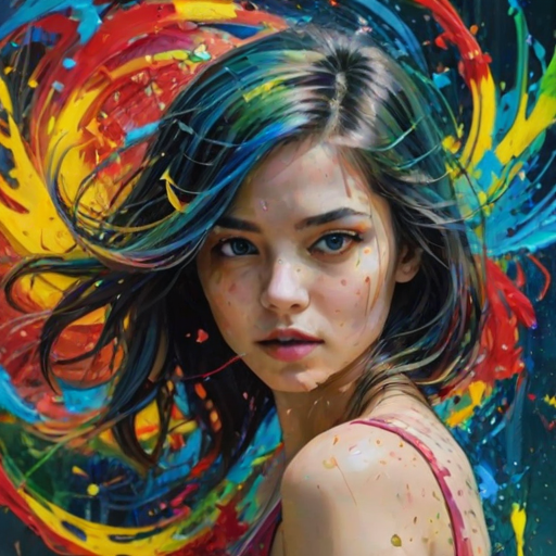 masterpiece, best quality, 1girl, solo, intricate details, chromatic aberration, Combine vibrant splashes of red, blue, yellow, and green, with swirling motions and color leaks to create an explosive and chaotic effect,