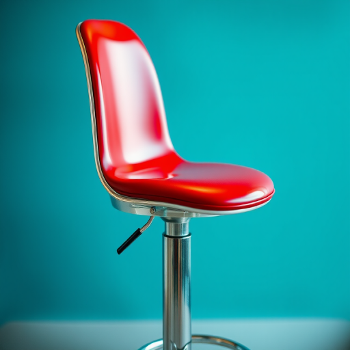 Create a realistic depiction of a modern bar stool with a glossy red seat and a silver metallic base, using a DSLR camera set to f/4 aperture, ISO 100, 1/60 shutter speed, with a shallow depth of field and a slight angle from a low perspective, emphasizing texture and detail.