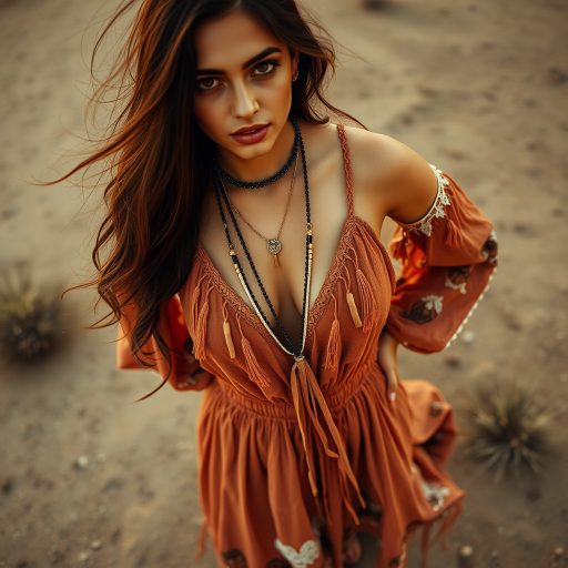 Desert setting, bohemian model, flowy dresses, earthy tones, rustic sunset effect,  equipped with a 12mm lens to capture an overhead view of the model, emphasizing symmetry and spatial positioning