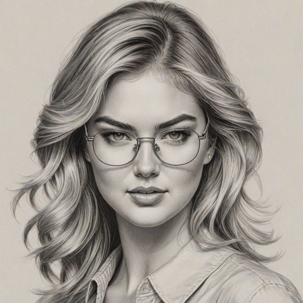 Resplendent Kate Upton, pencil sketch, portrait of Wonderful woman 1971s in glasses, hair style beatnik, outline, clear lines, fine lines, 8k