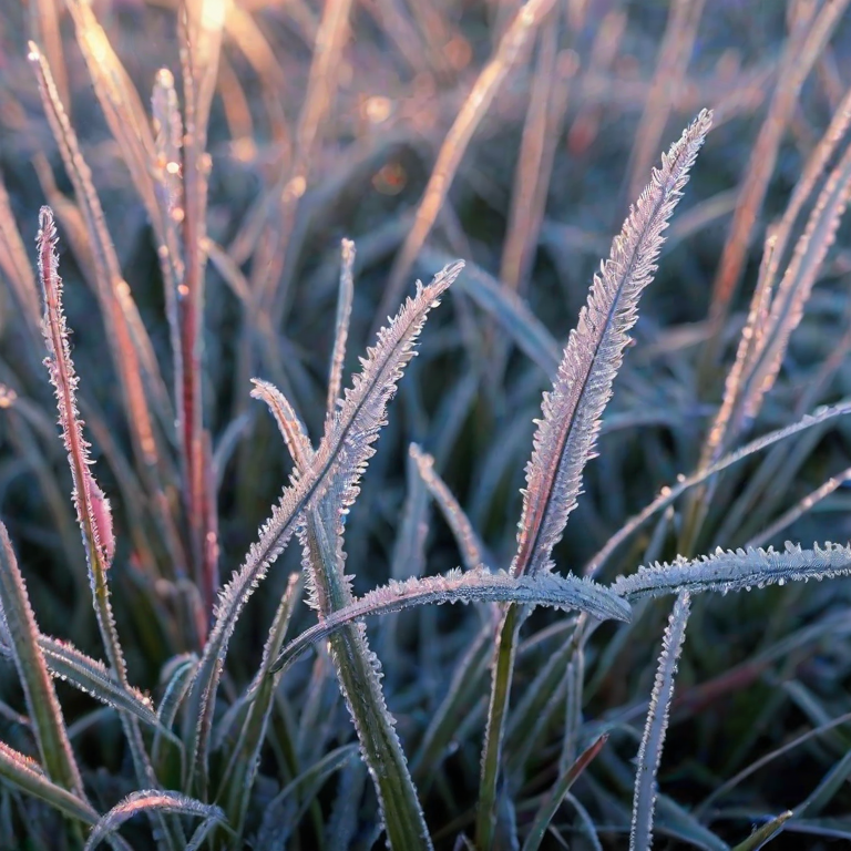 High-resolution, close-up of frost-covered grass blades in the early morning, tiny crystals catching the first light of dawn, with soft shades of blue and pink reflecting off the ice.