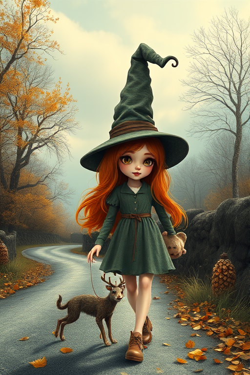 digital art fantasy depicting a strange girl with orange hair, long eyelashes, brown lipstick and a tall hat walking along a winding road on an autumn afternoon, an Oyster smiles as she passes