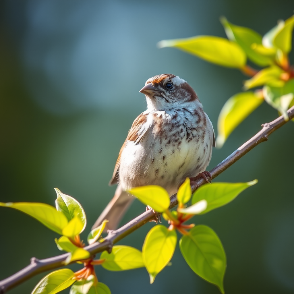 Capture a close-up shot of a sparrow perched on a branch, natural lighting, 50mm lens, f/2.8 aperture, ISO 200, use a DSLR camera with a shallow depth of field for a blurred background, focus on the bird with vibrant green leaves surrounding it.