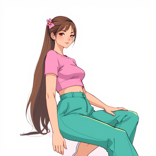 Create a high-resolution digital illustration of a stylish young woman with long hair styled with a pink hair clip, wearing a pink crop top and high-waisted teal pants, seated in a relaxed pose, using a soft focus lens, at a 50mm focal length, with bright lighting and a pastel background to enhance vibrancy.