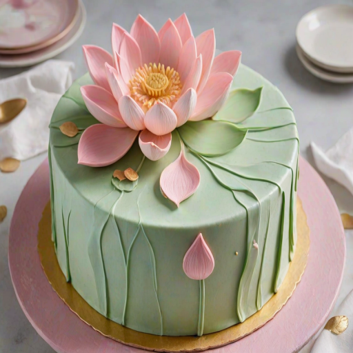 Create an image of a beautifully decorated cake with a smooth pastel green surface. The cake features elegant lotus flowers on top, with shades of pink and white petals. The sides of the cake are adorned with a painted water scene, including gentle ripples and hints of gold shimmer. Surround the cake with soft, flowing fabric and a few delicate flower petals to enhance its presentation.