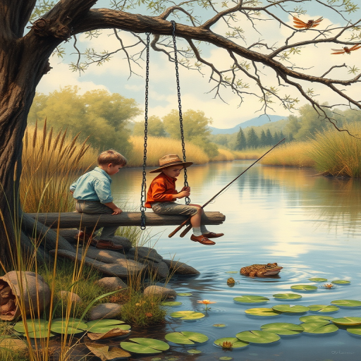 Imagine a small group of old fashioned young boys out fishing by the creek, a swing hanging from a tree branch, reeds and grasses by the water's edge, a frog sitting on a lily pad, dragonflies hovering over som water plans, a very iconic old fashioned scene reminiscent of a Norman Rockwell painting style