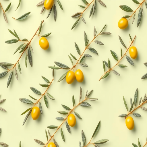 Create a seamless pattern of green olive branches with yellow olives on a soft pastel green background, using a Canon EOS R5, 50mm lens, f/8 aperture, ISO 100, and natural light to enhance image quality.