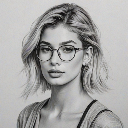 Charming Hailey Baldwin, pencil sketch, portrait of Appealing woman 1922s in glasses, hair style beatnik, outline, clear lines, fine lines, 8k
